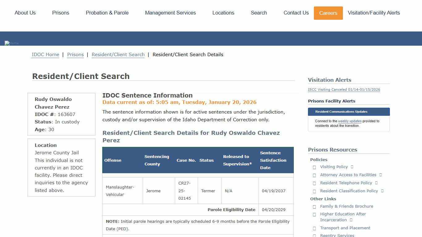 Resident/Client Search Details | Idaho Department of Correction